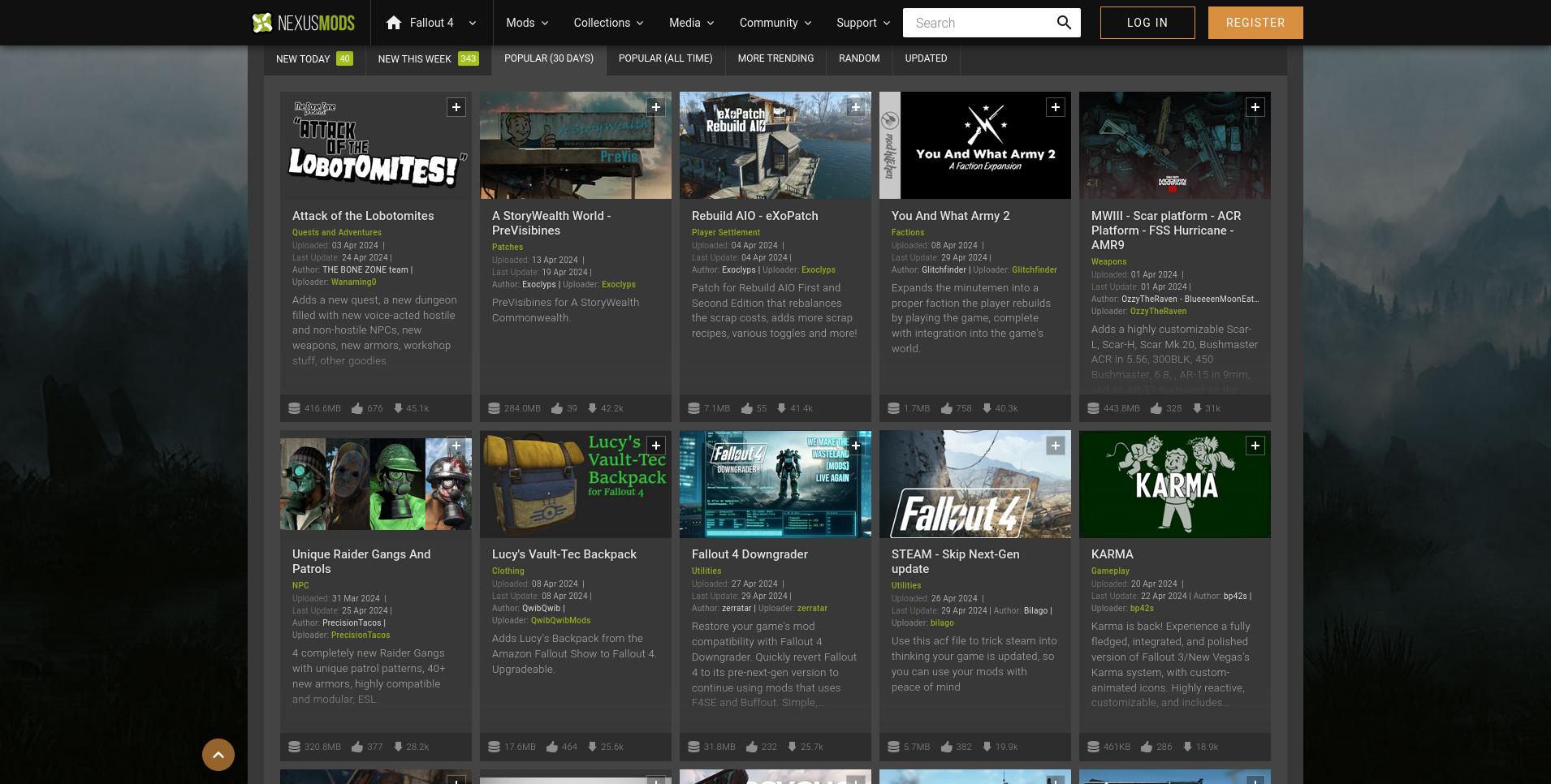 Моды с откатом NextGen обновления Fallout 4, стали востребованными на Nexusmods