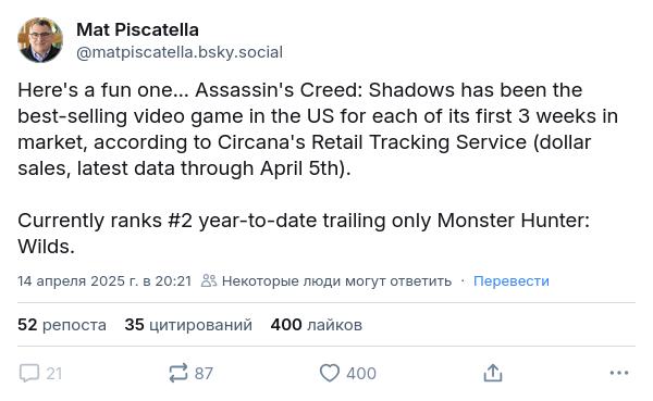 Assassin’s creed shadows захватила чарты продаж в США — уступила лишь monster hunter: wilds